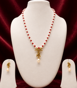 Pearl and Red Coral Beaded Necklace Set with Gold-Tone Pendant, Drop Earrings, Traditional Indian Style