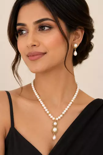 Pearl Necklace and Earring Set, White, Gold-Toned Pendant, Drop Earrings, Bridal Jewellery