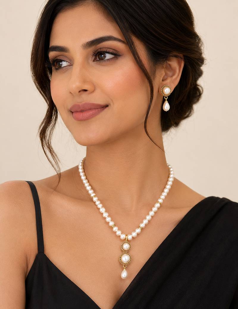 Pearl Necklace and Earring Set, White, Gold-Toned Pendant, Drop Earrings, Bridal Jewellery