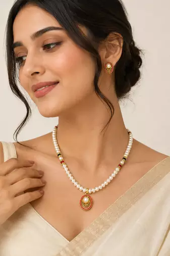 Pearl Beaded Necklace and Earrings Set, White, Gold-Toned Oval Pendant, Red and Black, Traditional Indian Jewellery