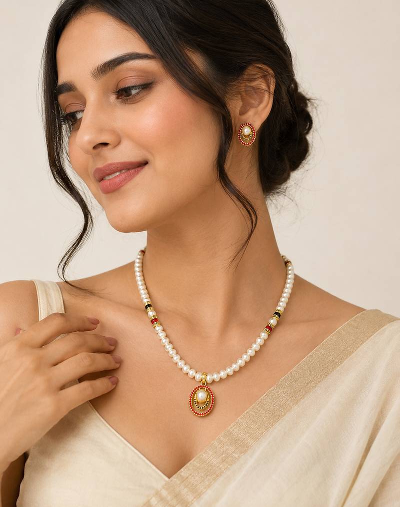 Pearl Beaded Necklace and Earrings Set, White, Gold-Toned Oval Pendant, Red and Black, Traditional Indian Jewellery