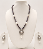 Freshwater Pearl Necklace Set, Single Line, Natural Real Pearls, Black and White, with Matching Earrings