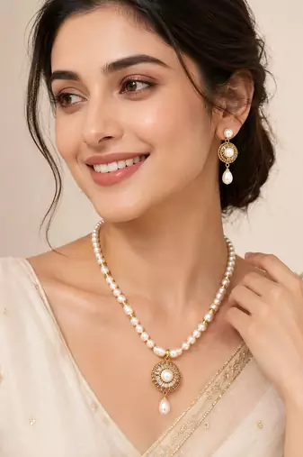 Pearl Beaded Necklace Set with CZ Round Pendant, White, Gold-Tone Accents, Earrings Included, Bridal Jewellery