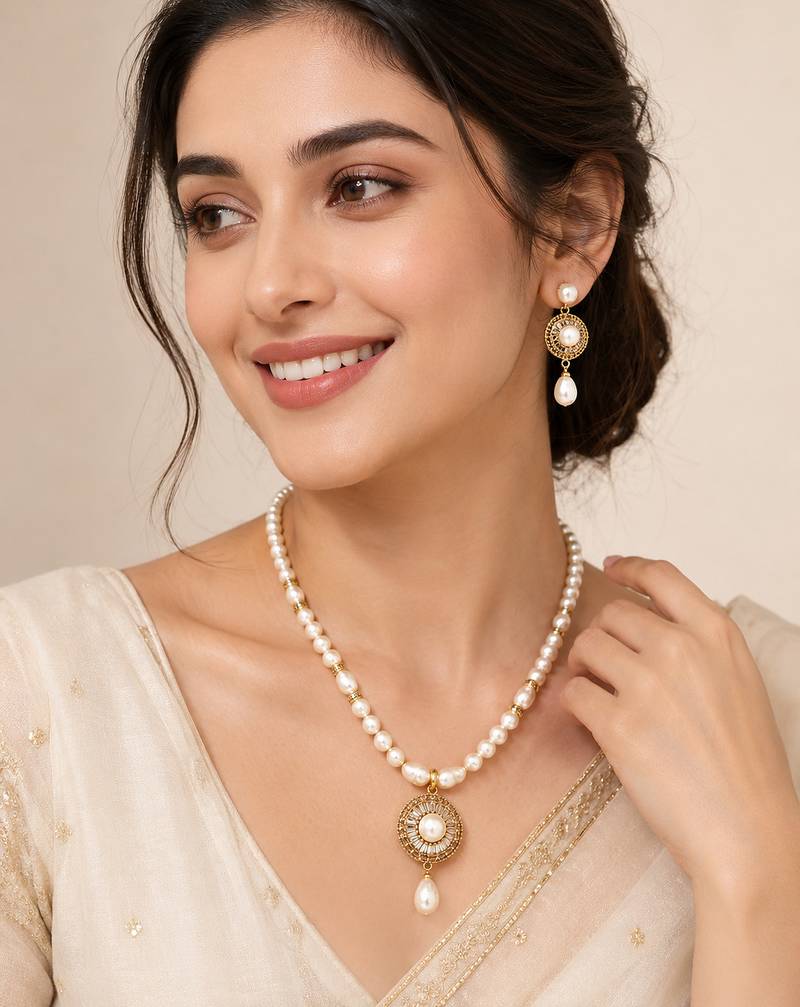 Pearl Beaded Necklace Set with CZ Round Pendant, White, Gold-Tone Accents, Earrings Included, Bridal Jewellery