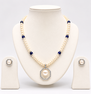 Pearl Beaded Necklace Set with Octagonal Pendant, Blue Stone Accents, Stud Earrings, White 1