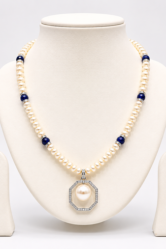 Pearl Beaded Necklace Set with Octagonal Pendant, Blue Stone Accents, Stud Earrings, White