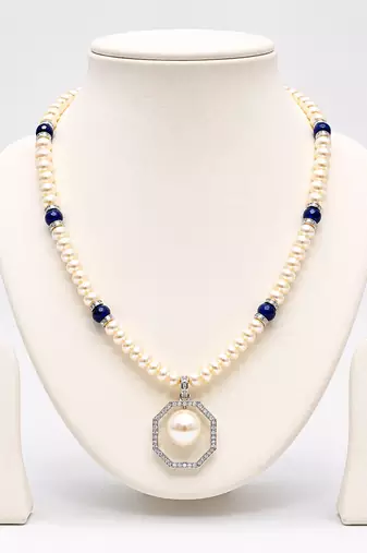 Pearl Beaded Necklace Set with Octagonal Pendant, Blue Stone Accents, Stud Earrings, White