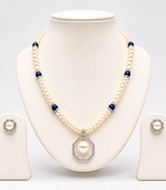 Pearl Beaded Necklace Set with Octagonal Pendant, Blue Stone Accents, Stud Earrings, White