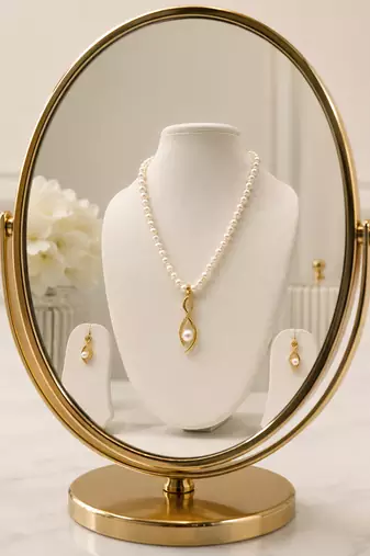 Pearl Necklace and Earring Set, White, Gold-Tone Twisted Pendant, Bridal Jewellery