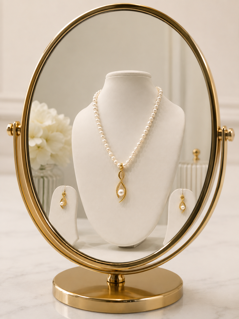 Pearl Necklace and Earring Set, White, Gold-Tone Twisted Pendant, Bridal Jewellery