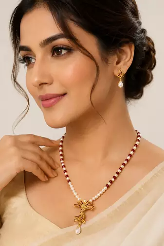 Pearl and Ruby Beaded Necklace Set with Gold-Tone Floral Pendant, Drop Earrings, Traditional Indian Jewellery