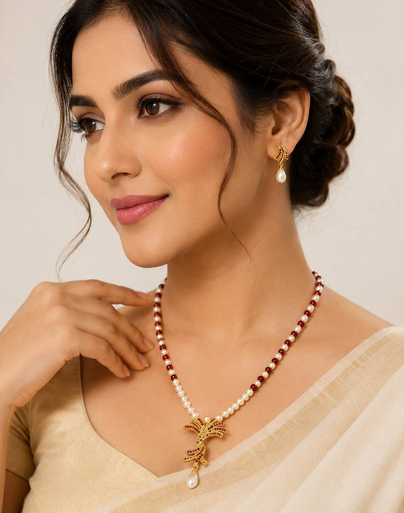 Pearl and Ruby Beaded Necklace Set with Gold-Tone Floral Pendant, Drop Earrings, Traditional Indian Jewellery