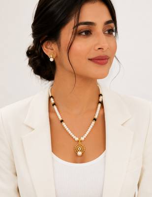 Pearl Beaded Necklace Set with Gold-Tone Pendant, Black Beads, Earrings Included, Traditional Indian Style 2