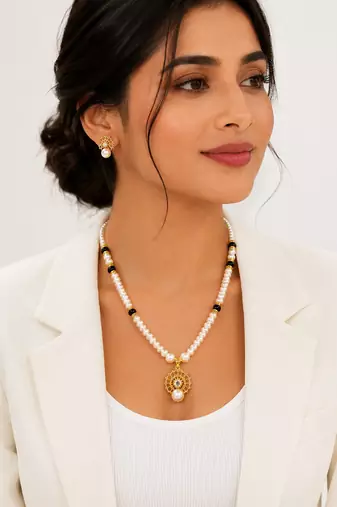 Pearl Beaded Necklace Set with Gold-Tone Pendant, Black Beads, Earrings Included, Traditional Indian Style