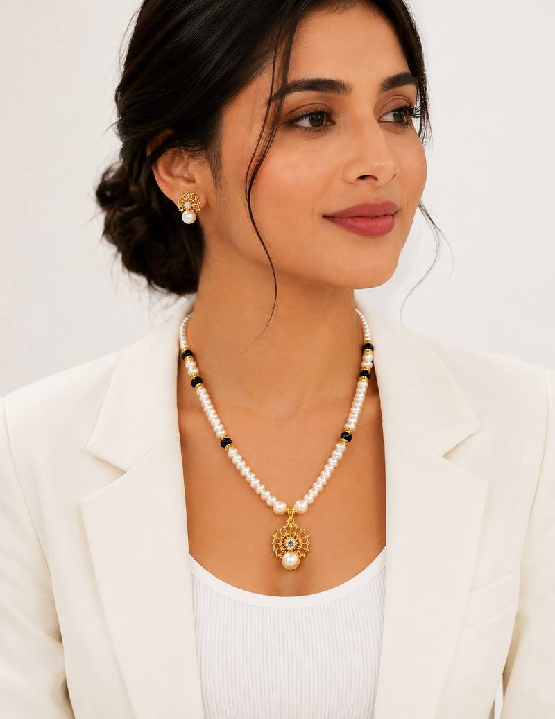 Pearl Beaded Necklace Set with Gold-Tone Pendant, Black Beads, Earrings Included, Traditional Indian Style