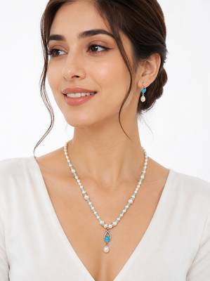 Pearl Necklace Set with Blue Stone Pendant and Drop Earrings, White, Silver-Tone 1