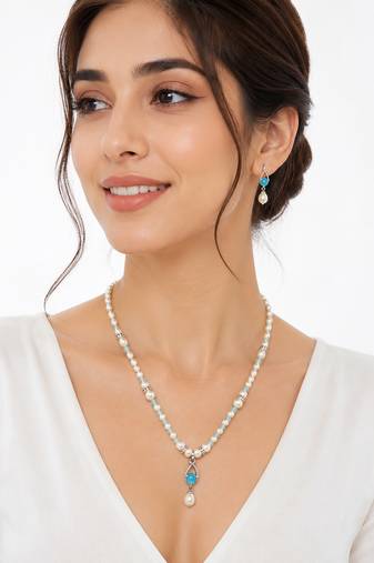Pearl Necklace Set with Blue Stone Pendant and Drop Earrings, White, Silver-Tone