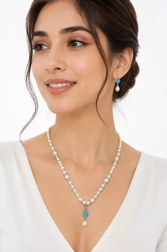 Pearl Necklace Set with Blue Stone Pendant and Drop Earrings, White, Silver-Tone