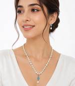 Pearl Necklace Set with Blue Stone Pendant and Drop Earrings, White, Silver-Tone
