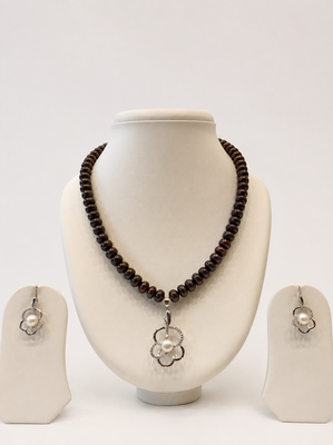 Dark Brown Freshwater Pearl Beaded Necklace and Earring Set with Silver Flower Pendant 1