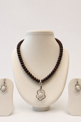 Dark Brown Freshwater Pearl Beaded Necklace and Earring Set with Silver Flower Pendant