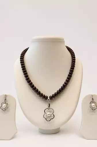 Dark Brown Freshwater Pearl Beaded Necklace and Earring Set with Silver Flower Pendant
