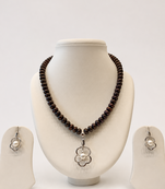Dark Brown Freshwater Pearl Beaded Necklace and Earring Set with Silver Flower Pendant