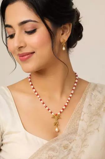 Pearl and Red Coral Beaded Necklace Set with Gold-Tone Pendant, Drop Earrings, Traditional Indian Style