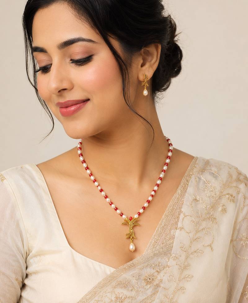 Pearl and Red Coral Beaded Necklace Set with Gold-Tone Pendant, Drop Earrings, Traditional Indian Style