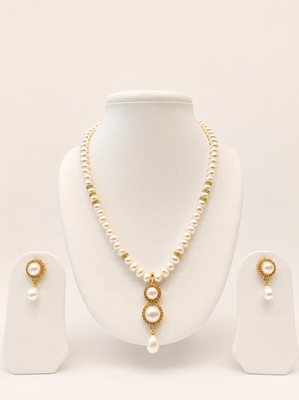 Pearl Necklace and Earring Set, White, Gold-Toned Pendant, Drop Earrings, Bridal Jewellery 1