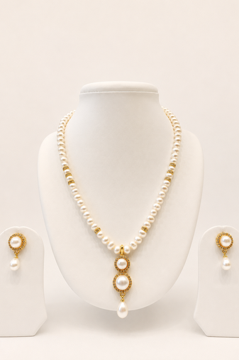 Pearl Necklace and Earring Set, White, Gold-Toned Pendant, Drop Earrings, Bridal Jewellery