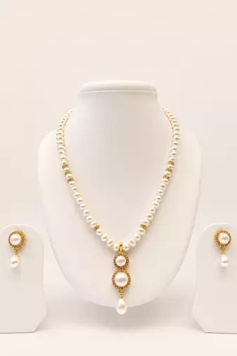 Pearl Necklace and Earring Set, White, Gold-Toned Pendant, Drop Earrings, Bridal Jewellery