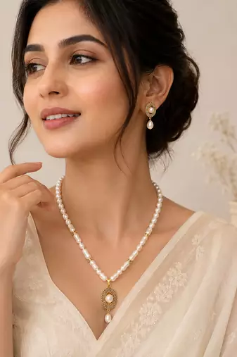 Pearl Necklace and Earring Set, White, Gold-Tone Oval Pendant, Freshwater Baroque Beads, Bridal Jewellery