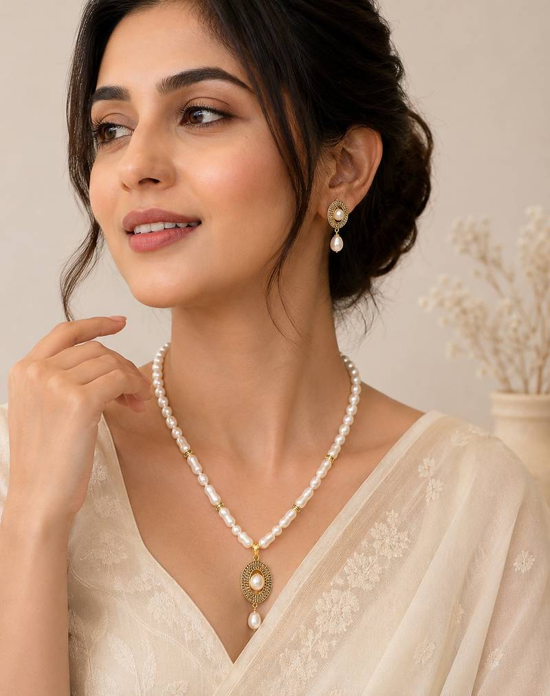 Pearl Necklace and Earring Set, White, Gold-Tone Oval Pendant, Freshwater Baroque Beads, Bridal Jewellery