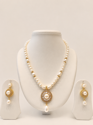 Pearl Beaded Necklace Set with CZ Round Pendant, White, Gold-Tone Accents, Earrings Included, Bridal Jewellery 1