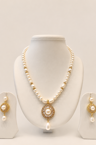 Pearl Beaded Necklace Set with CZ Round Pendant, White, Gold-Tone Accents, Earrings Included, Bridal Jewellery