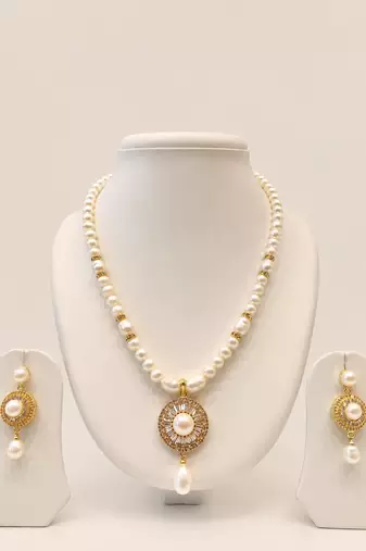 Pearl Beaded Necklace Set with CZ Round Pendant, White, Gold-Tone Accents, Earrings Included, Bridal Jewellery