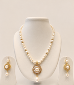 Pearl Beaded Necklace Set with CZ Round Pendant, White, Gold-Tone Accents, Earrings Included, Bridal Jewellery