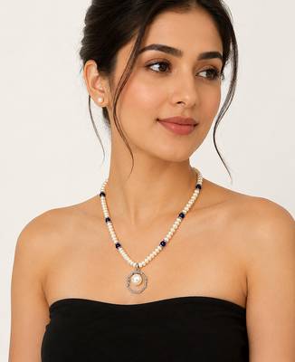 Pearl Beaded Necklace Set with Octagonal Pendant, Blue Stone Accents, Stud Earrings, White 2