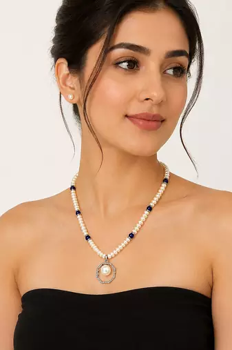 Pearl Beaded Necklace Set with Octagonal Pendant, Blue Stone Accents, Stud Earrings, White
