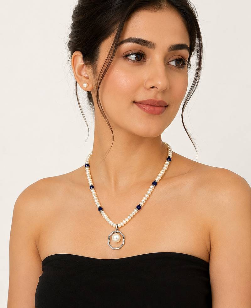 Pearl Beaded Necklace Set with Octagonal Pendant, Blue Stone Accents, Stud Earrings, White