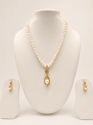 Pearl Necklace and Earring Set, White, Gold-Tone Twisted Pendant, Bridal Jewellery 1