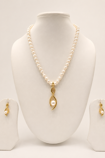 Pearl Necklace and Earring Set, White, Gold-Tone Twisted Pendant, Bridal Jewellery