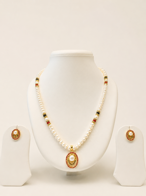 Pearl Beaded Necklace and Earrings Set, White, Gold-Toned Oval Pendant, Red and Black, Traditional Indian Jewellery 1