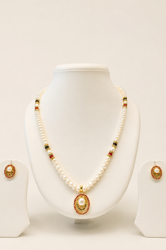 Pearl Beaded Necklace and Earrings Set, White, Gold-Toned Oval Pendant, Red and Black, Traditional Indian Jewellery