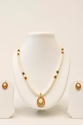 Pearl Beaded Necklace and Earrings Set, White, Gold-Toned Oval Pendant, Red and Black, Traditional Indian Jewellery