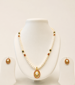 Pearl Beaded Necklace and Earrings Set, White, Gold-Toned Oval Pendant, Red and Black, Traditional Indian Jewellery