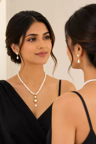 Pearl Necklace and Earring Set, White, Gold-Toned Pendant, Drop Earrings, Bridal Jewellery