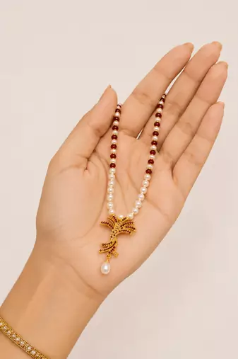 Pearl and Ruby Beaded Necklace Set with Gold-Tone Floral Pendant, Drop Earrings, Traditional Indian Jewellery