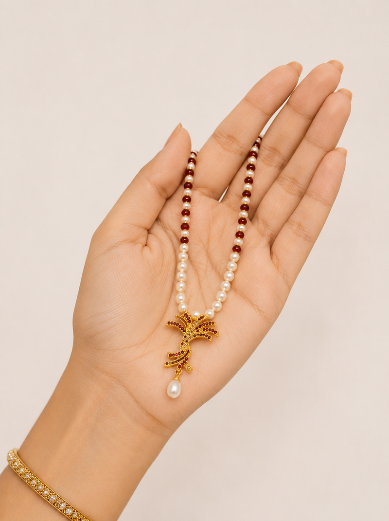 Pearl and Ruby Beaded Necklace Set with Gold-Tone Floral Pendant, Drop Earrings, Traditional Indian Jewellery